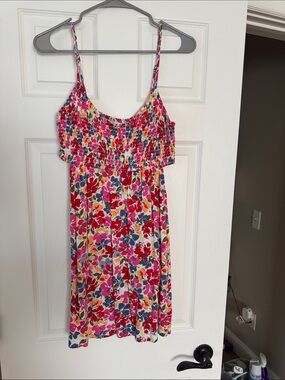 Roxy Floral Smocked Sundress in Pink & Red. Cut-out on sides.